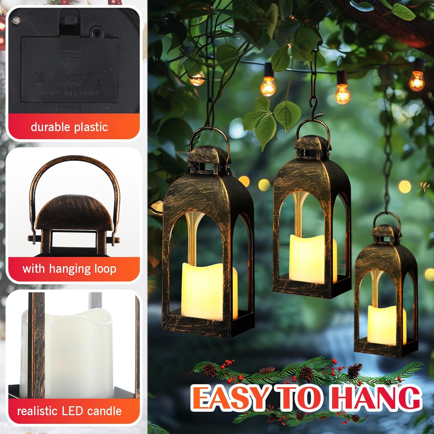 Tujoe 10 Pcs 10 Inch Decorative Candle Lantern Bulk for Wedding Centerpieces Lanterns with LED Flameless Candle Indoor Outdoor Hanging Lights for Wedding Party, Battery Included (Dark Bronze)